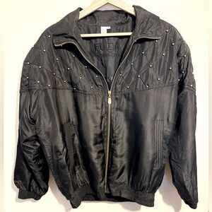 Fuda International Vintage 90s Gold Studded Black Bomber Jacket Silk Exterior L
